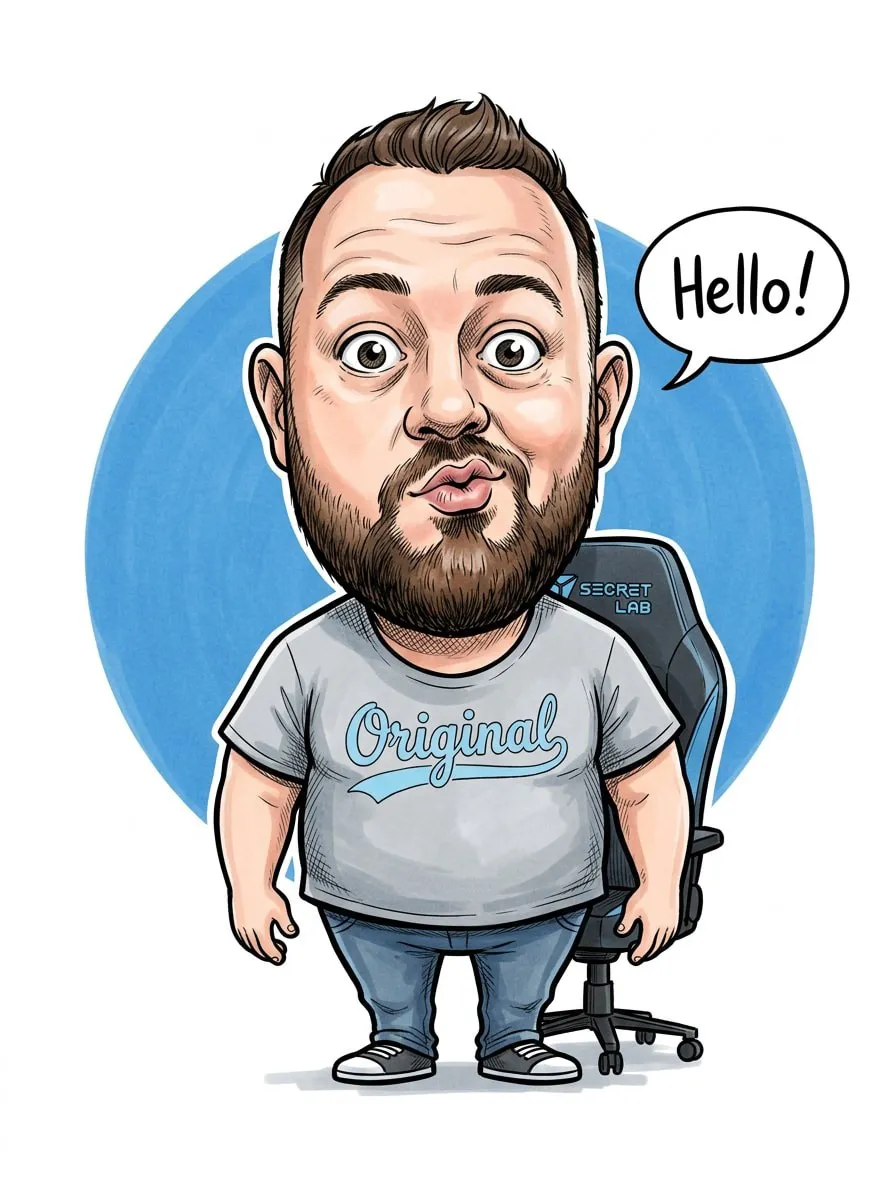 Karikatur eines bärtigen Mannes im grauen Shirt mit Sprechblase „Hello!“