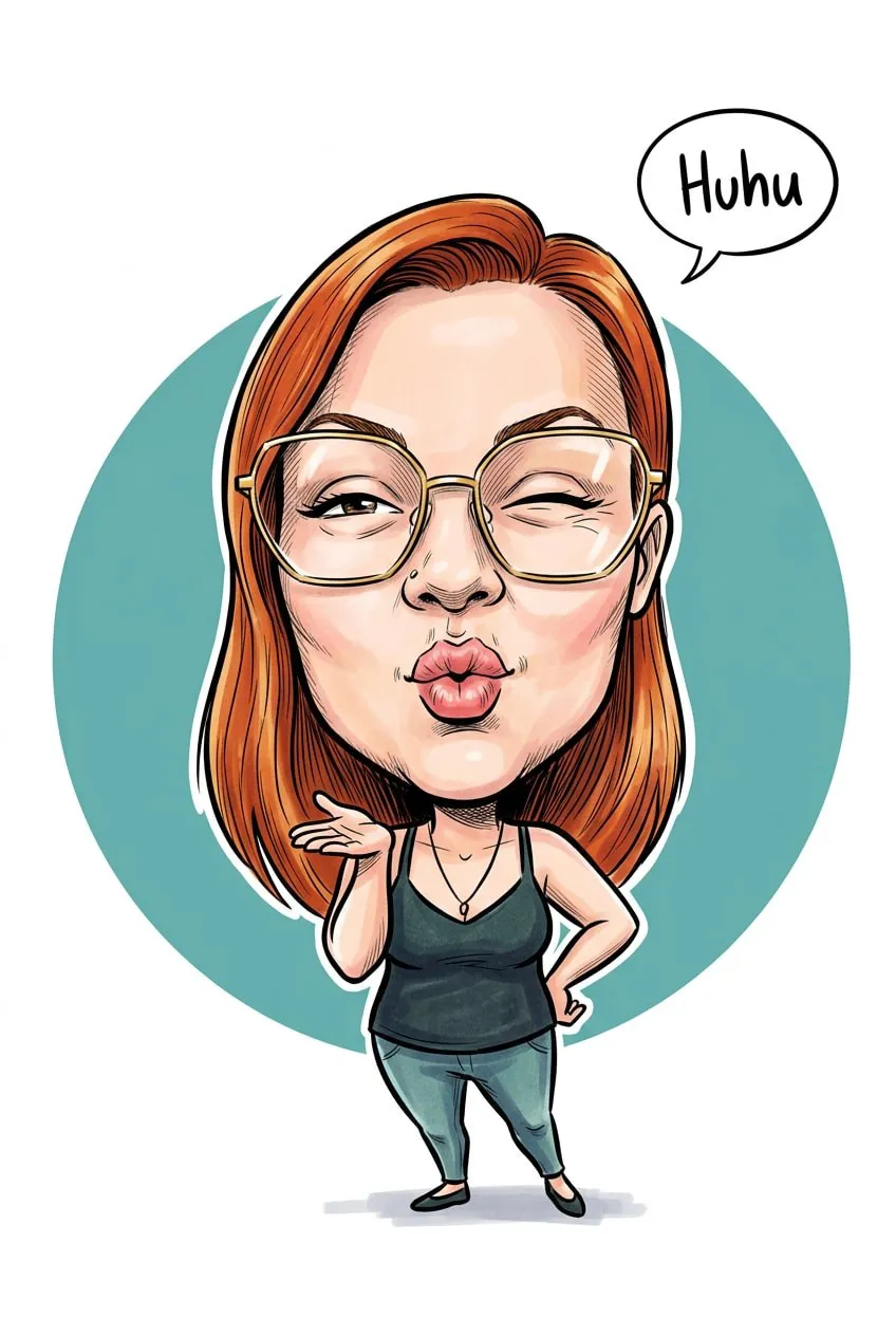 Karikatur einer rothaarigen Frau mit Brille, die zwinkernd einen Luftkuss wirft, Sprechblase „Huhu“