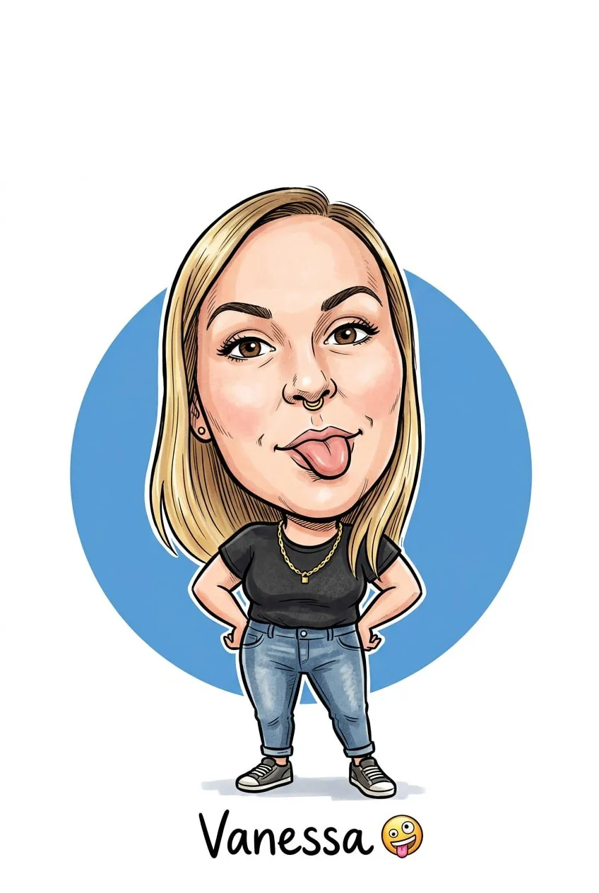 Karikatur einer blonden Frau, die frech die Zunge zeigt, mit Namensschriftzug „Vanessa“
