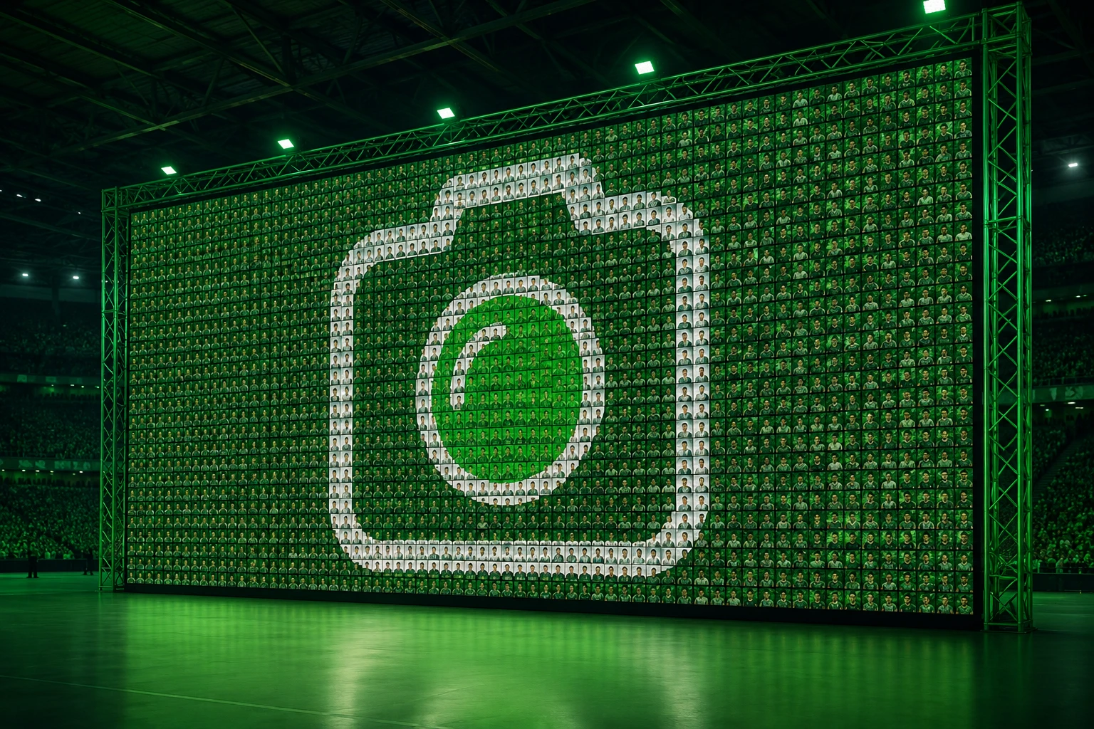 Fotomosaik-Wand auf einer Eventfläche, zusammengesetzt aus vielen Gastfotos