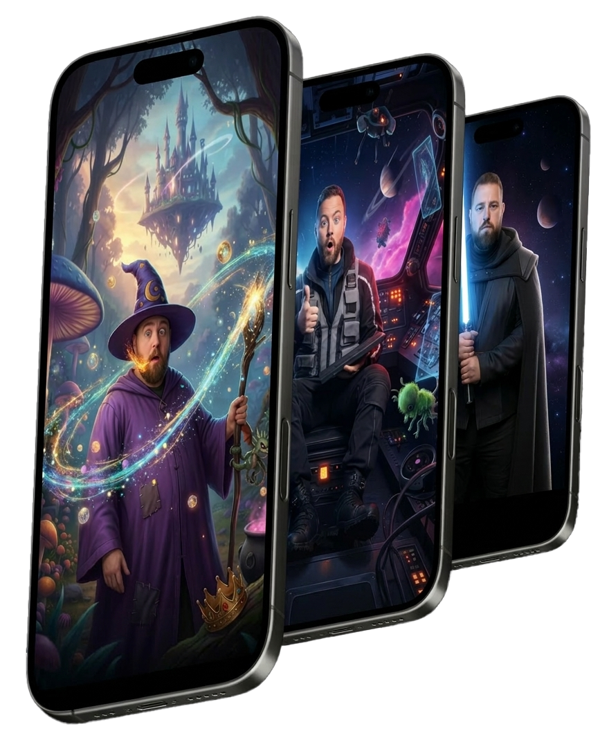 Virtuelle Fotobox - Drei Smartphones mit KI-generierten Fotos zeigen Zauberer, Raumfahrer und Lichtschwert-Ritter