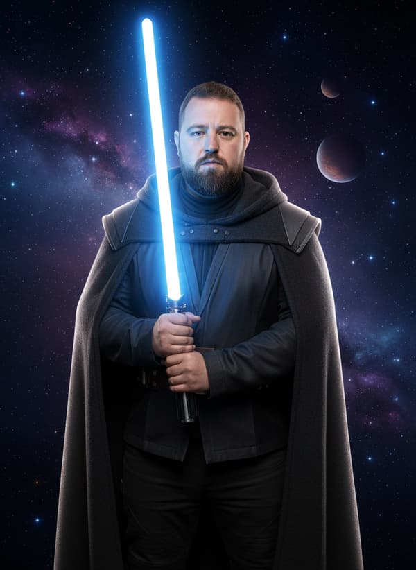 Virtuelle Fotobox KI-Beispiel - Person als Lichtschwert-Ritter im Weltraum