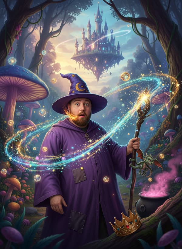 Virtuelle Fotobox KI-Beispiel - Person als Zauberer in magischer Fantasy-Welt